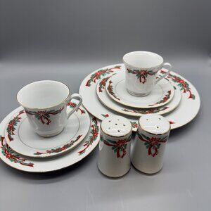 Vintage Poinsettia & Ribbons Plates Cup Saucer Salt Pepper Shakers Holiday READ